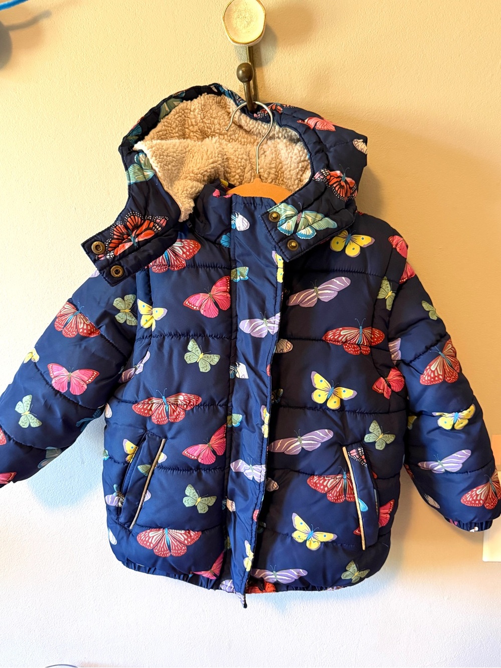 Boden - Girls Navy Butterfly Puffer Jacket-Vest with Sherpa Hood - size 3-4T